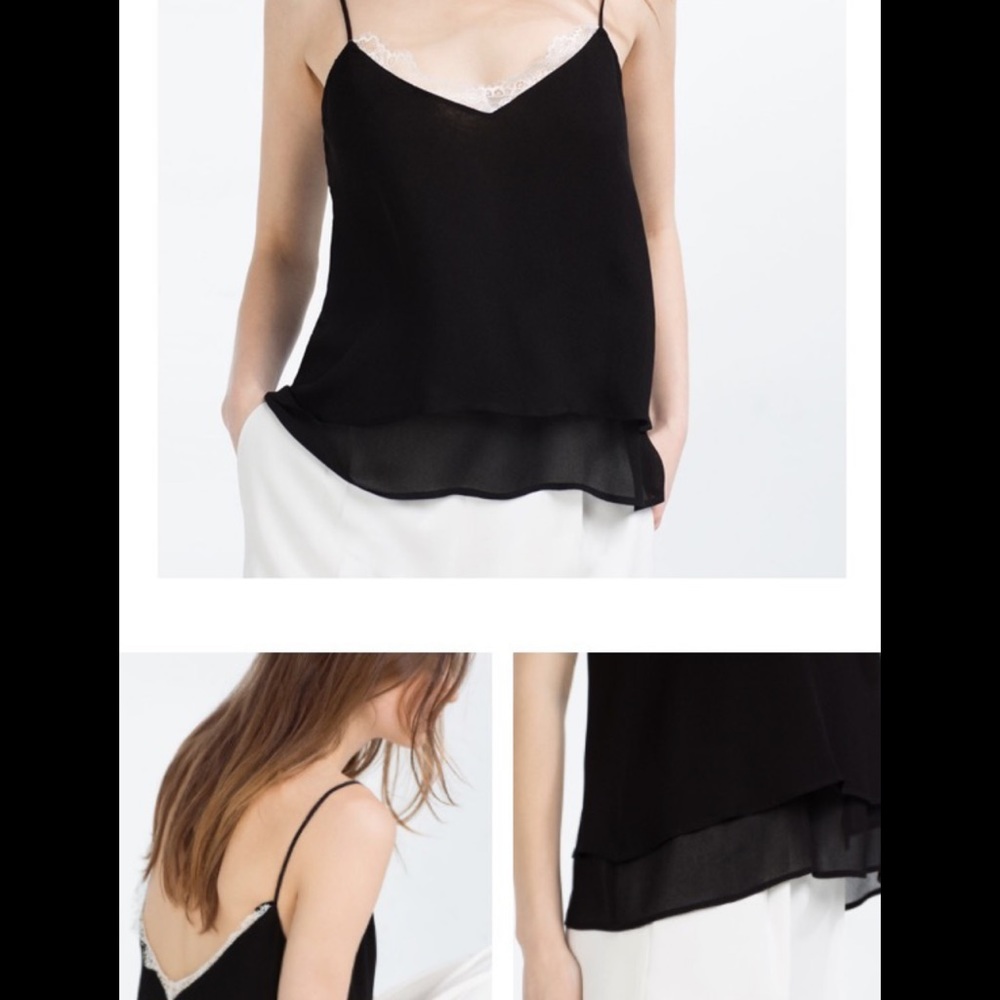 Zara Black and White Lace Cami Sheer Deep V Neck Strap Top Size Medium